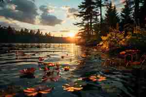Plik wektorowy złote światło słoneczne pada na brzegi jeziora kolory jesieni czas jesieni kolorowe opadłe liście w la