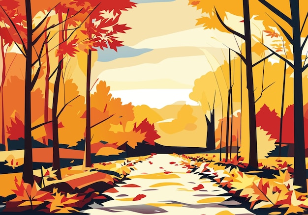 Plik wektorowy złoty horyzont malowniczy jesienny krajobraz ze ścieżką liści i drzewem
