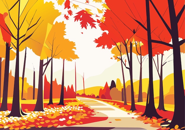 Złoty Horyzont Malowniczy Jesienny Krajobraz Ze ścieżką Liści I Drzewem