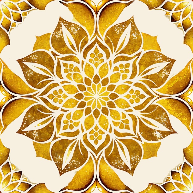 Plik wektorowy złoty i biały mandala bezszwowy wzór z żółtym środkiem projekt jest skomplikowany i szczegółowy z wieloma małymi elementami, które tworzą większy wzór
