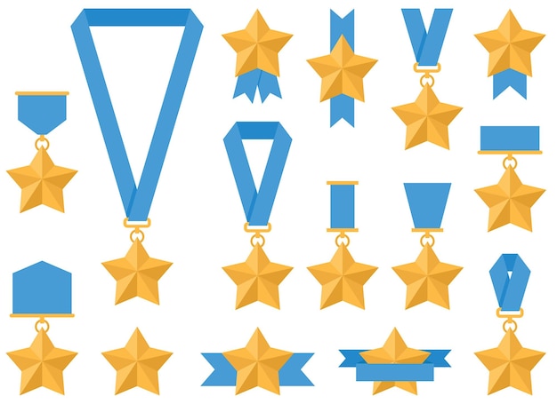 Złoty medal z gwiazdą z niebieską wstążką, ilustracją wektorową w stylu płaskim