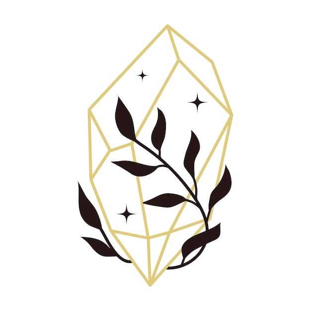 Złoty Mistyczny Kryształ Z Liśćmi I Gwiazdami Kamień Ciśnieniowy Z Botanicznym Kwiatowym Wystrojem Boho Liniowy Wektor