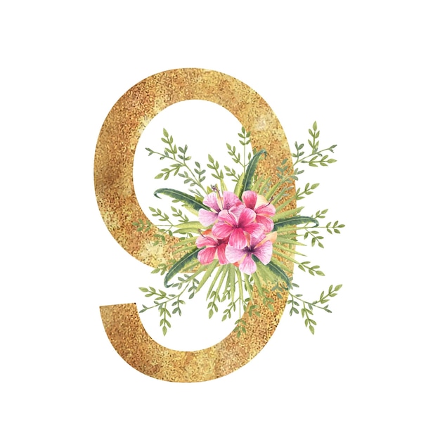 Złoty numer 9 z akwarela bukiet tropikalnych liści i kwiatów na białym tle na białym tle Ilustracja wektorowa handdrawn