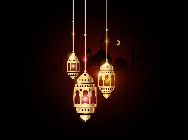 Plik wektorowy złoty ramadan latarnia z meczet w tle