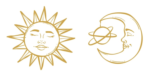 Złoty ręcznie narysowany słońce i księżyc ilustracja magiczny wektor clip art zestaw
