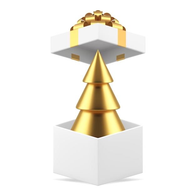 Złoty stożek świerk w otwartym białym pudełku Prezent świąteczny realistyczny 3d ikona ilustracja wektorowa