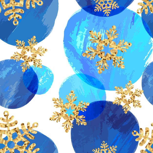 Złoty wzór płatków śniegu na niebieskich kółkach akwarelowych na świąteczne opakowania tekstylne wallpa...