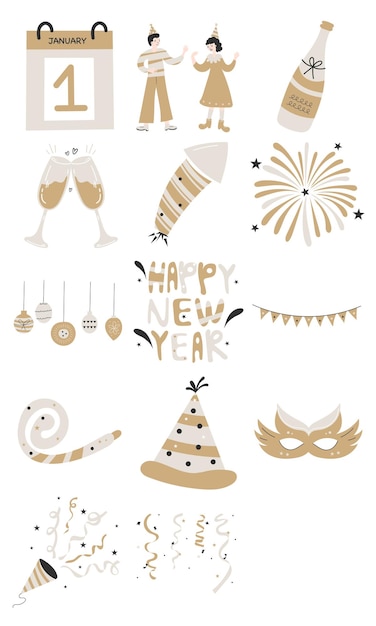 Plik wektorowy złoty z drewna zestaw ilustracji na noworoczną imprezę