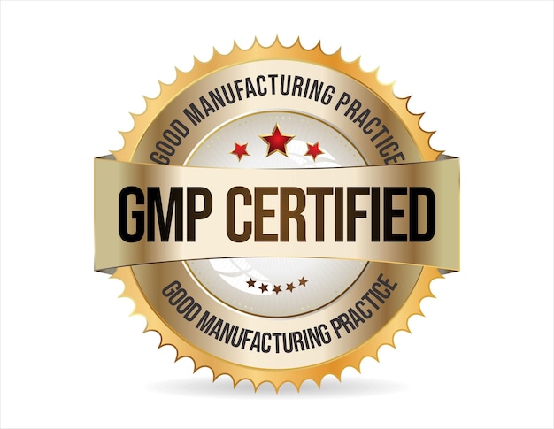 Plik wektorowy złoty znaczek z certyfikatem dobrej praktyki produkcyjnej gmp na białym tle