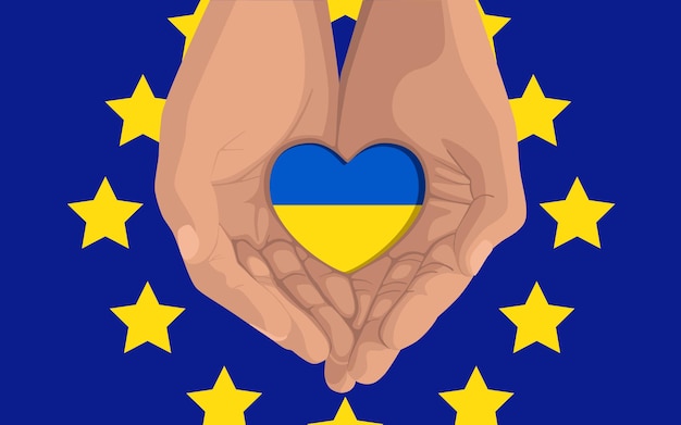 Plik wektorowy złożone dłonie trzymające serce jako symbol pomocy i wsparcia dla ukrainy z unii europejskiej