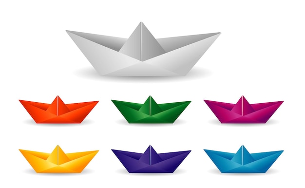 Złożone Papierowe Origami łodzi. Nowoczesny Statek Z Papieru Origami. Kolekcja Realistyczne Papierowe Origami łodzi.