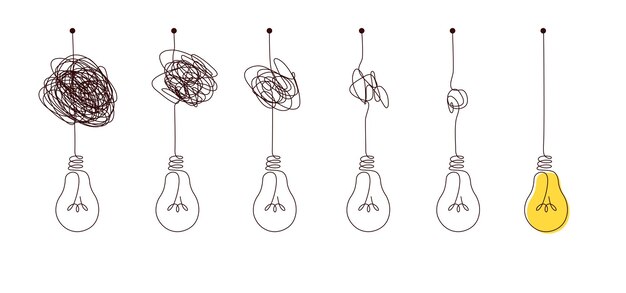 Złożony Do Prostego Sposób Na Stworzenie Pomysłu - Niechlujne Symbole Szotów Z żarówką. Węzeł Linii Bazgrołów Od Skomplikowanych Do Prostych Okrągłych Elementów, Koncepcja Przejścia Od Trudnych Do łatwych.