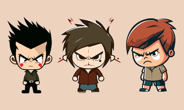 Zły anime kawaii kreskówka trzech chłopców z różnymi wyrażeniami