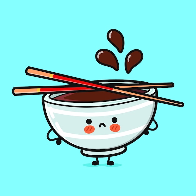 Zły miska z sosem sojowym charakter Wektor ręcznie rysowane kreskówka kawaii charakter ilustracja ikona izolowany na niebieskim tle Smutna miska z sosem sojowym koncepcja postaci