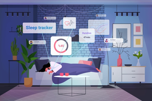 zmęczona kobieta śpi z elektronicznym inteligentnym zegarkiem app tracker na rękę jakość i ilość koncepcja kontroli snu salon wnętrze poziome pełnej długości ilustracja wektorowa