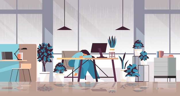 Zmęczona Przygnębiona Kobieta Interesu śpiąca W Miejscu Pracy Dziewczyna Czuje Się Zdesperowana Zdrowie Psychiczne Choroby Depresja Stres Koncepcja Biuro Wnętrze Pełnej Długości Ilustracja Wektorowa