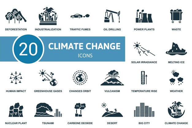 Zmiana klimatu zestaw kreatywnych ikon wylesiania