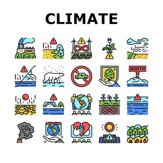 Zmiany klimatyczne i problemy ekologiczne Ikony Ustaw wektor