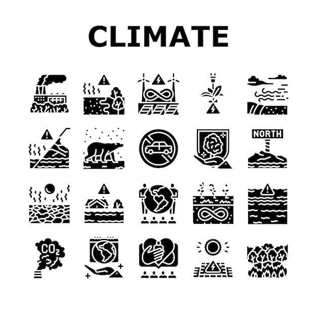 Zmiany klimatyczne i problemy ekologiczne Ikony Ustaw wektor