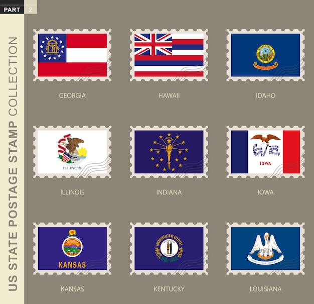Znaczek Pocztowy Z Flagą Stanów Usa, Kolekcja Flag 9 Stanów Usa: Georgia, Hawaje, Idaho, Illinois, Indiana, Iowa, Kansas, Kentucky, Luizjana