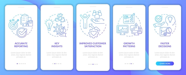 Znaczenie narzędzi biznesowych niebieski gradient onboarding ekran aplikacji mobilnej Przewodnik 5 kroków z instrukcjami graficznymi strony z liniowymi koncepcjami Szablon UI UX GUI Myriad ProBold Użyte zwykłe czcionki