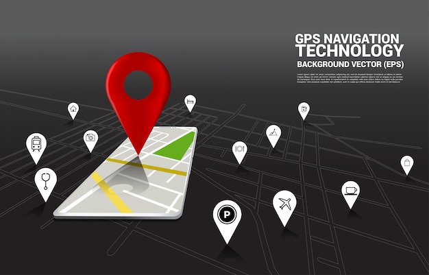 Znacznik i mapa 3D GPS w aplikacji na telefon komórkowy. koncepcja lokalizacji i miejsca obiektu, technologia GPS