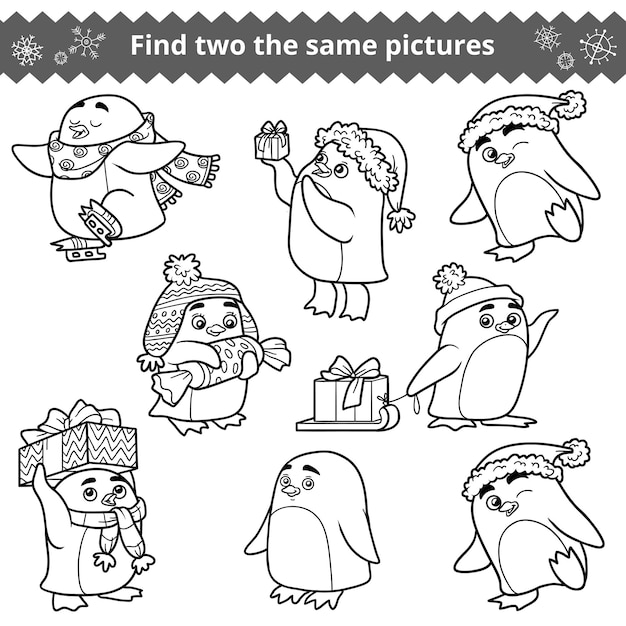 Plik wektorowy znajdź dwa takie same obrazki, gra edukacyjna dla dzieci zestaw bezbarwnych pingwinów z prezentami świątecznymi