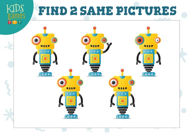 Znajdź dwa takie same zdjęcia dla dzieci puzzle ilustracji wektorowych. Ćwiczenie dla dzieci w wieku przedszkolnym z pasującymi przedmiotami i znalezieniem 2 identycznych. Kreskówka zabawny robot lub gra obcych