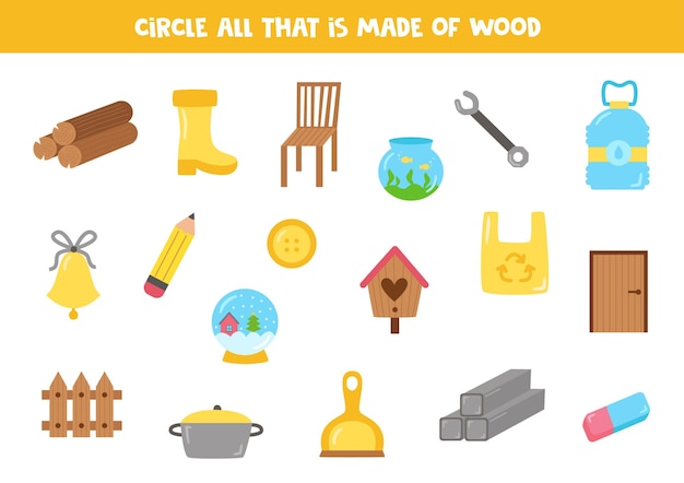 Plik wektorowy znajdź i zakreśl wszystkie przedmioty wykonane z drewna gra logiczna dla dzieci
