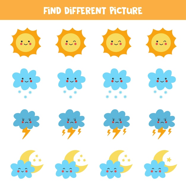 Znajdź Inny Element Pogody W Każdym Rzędzie. Gra Logiczna Dla Dzieci W Wieku Przedszkolnym.