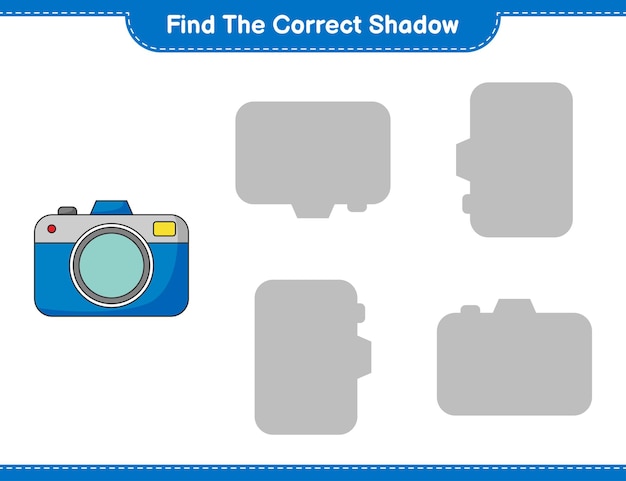 Znajdź Odpowiedni Cień. Znajdź I Dopasuj Odpowiedni Cień Kamery. Gra Edukacyjna Dla Dzieci, Arkusz Do Druku, Ilustracja Wektorowa