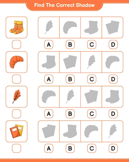 Znajdź Odpowiedni Cień. Znajdź I Dopasuj Odpowiedni Cień Liścia Dębu, Skarpet, Książki, Rogalika. Gra Edukacyjna Dla Dzieci, Arkusz Do Druku, Ilustracja Wektorowa
