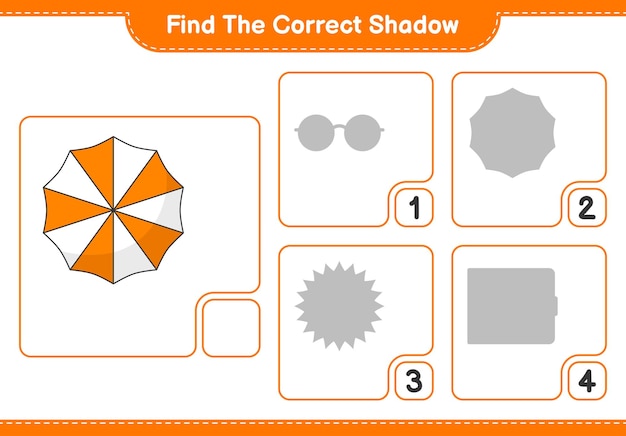 Znajdź Odpowiedni Cień. Znajdź I Dopasuj Odpowiedni Cień Parasola Plażowego. Gra Edukacyjna Dla Dzieci, Arkusz Do Druku, Ilustracja Wektorowa