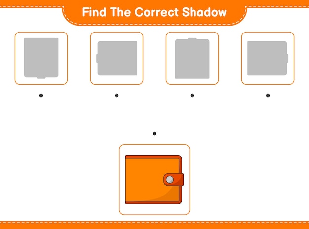 Plik wektorowy znajdź odpowiedni cień. znajdź i dopasuj odpowiedni cień portfela. gra edukacyjna dla dzieci, arkusz do druku, ilustracja wektorowa