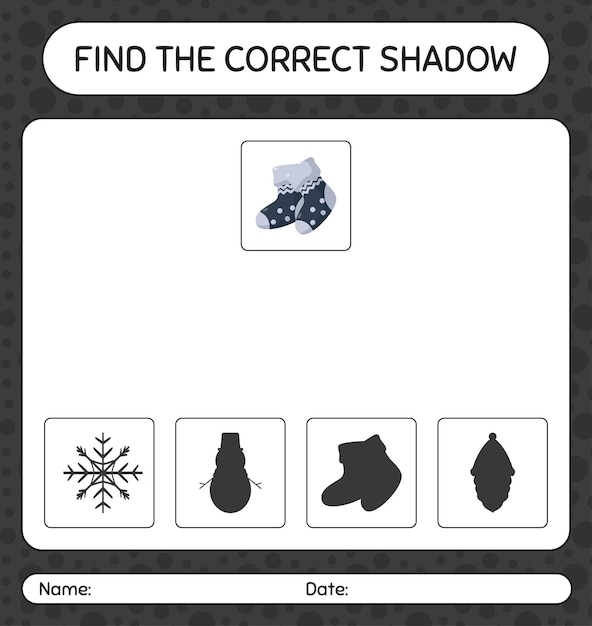 Plik wektorowy znajdź odpowiednią grę cieni ze skarpetą. arkusz roboczy dla dzieci w wieku przedszkolnym, arkusz aktywności dla dzieci