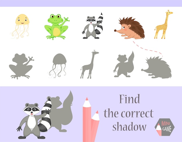 Znajdź Odpowiednią Grę Edukacyjną W Cieniu Dla Dzieci Cute Kreskówek Zwierząt I Ilustracji Wektorowych Przyrody