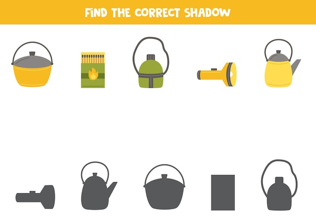 Znajdź Odpowiednie Cienie Animowanych Elementów Kempingowych Logiczna łamigłówka Dla Dzieci
