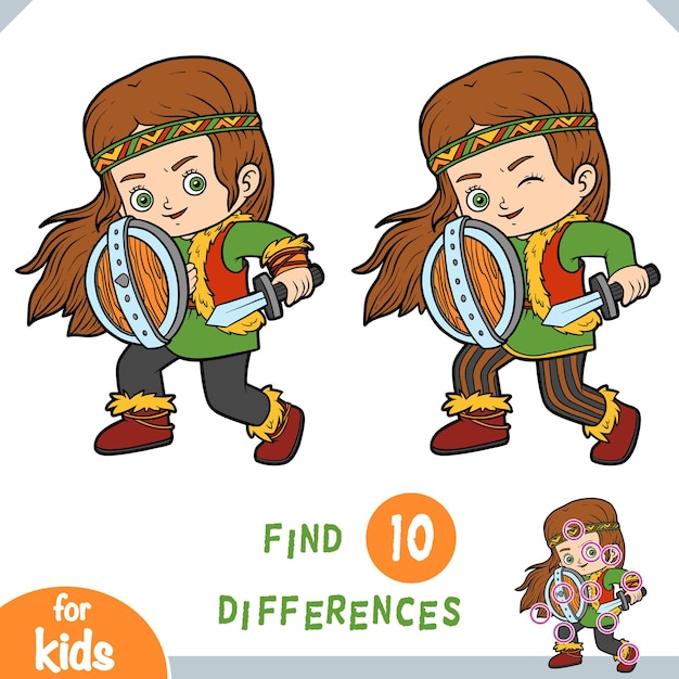 Znajdź Różnice Gra Edukacyjna Dla Dzieci Wiking Dziewczyna Z Tarczą I Mieczem