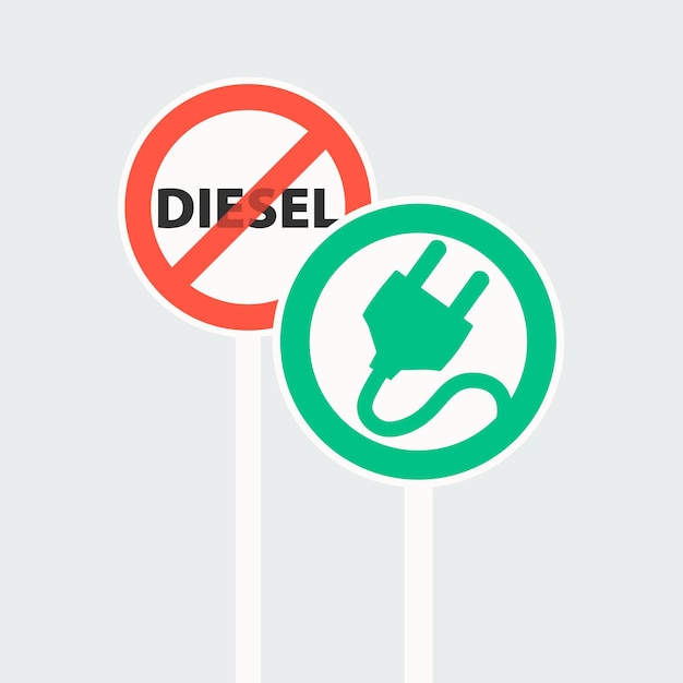 Znak Drogowy Zakazu Pojazdów Z Silnikiem Diesla Czerwone Przekreślone Koło Znak Drogowy Stacji ładowania Pojazdów Elektrycznych W Zielonym Kółku