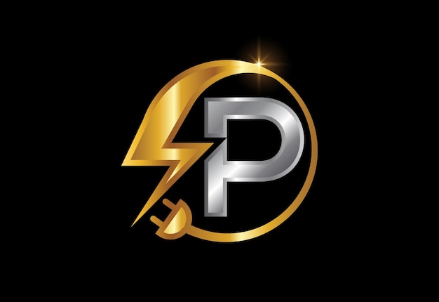 Znak elektryczny z literą P, logo energii elektrycznej, logo energii elektrycznej i projektem wektora ikony