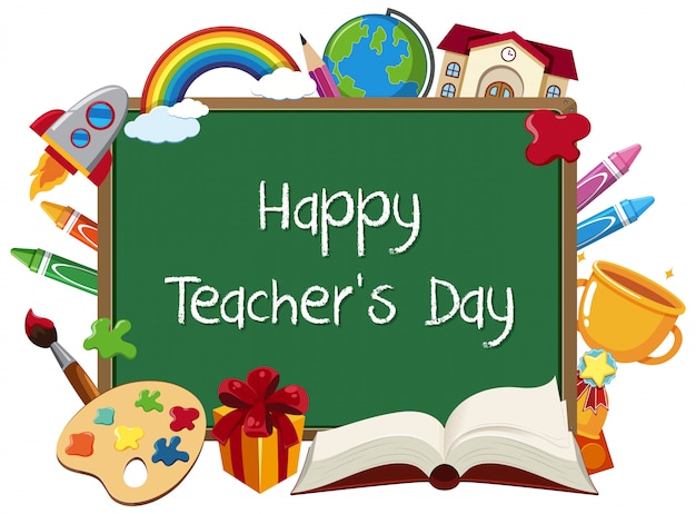 Znak Happy Teacher's Day z zestawem stacjonarnych elementów na tablicy