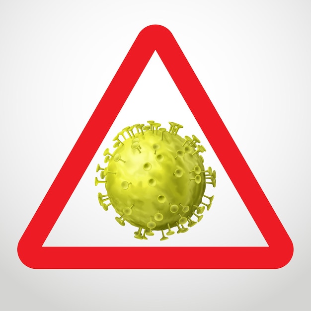 Znak Ostrzegawczy Koronawirusa. żółty Symbol Wirusa W Czerwonym Trójkącie, Na Białym Tle
