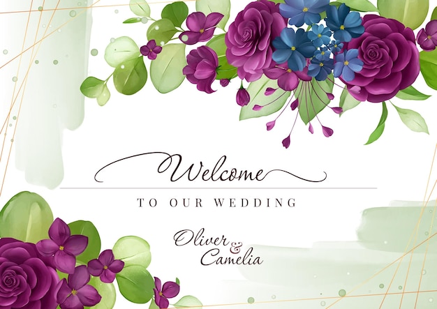 Plik wektorowy znak powitalny na ślub z fioletowymi różami akwarelowymi i liśćmi