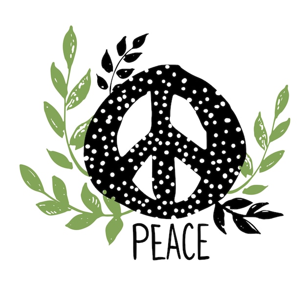 Plik wektorowy znak symbolu międzynarodowego dnia pokoju z kwiatowymi liśćmi i gałęziami znak na białym tle hipis pacyfista