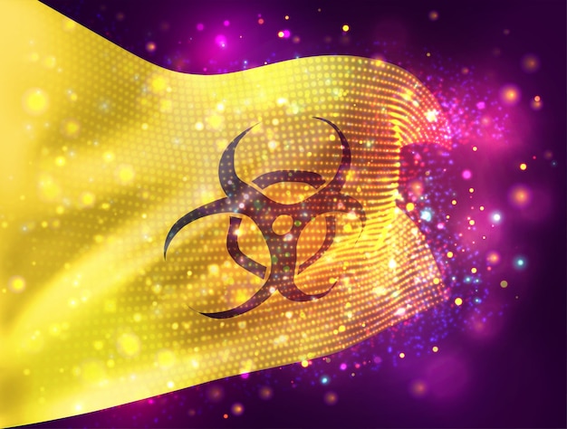 Znak zagrożenia wirusowego i bakteryjnego na żółtej wektorowej flagi 3d na różowym fioletowym tle z oświetleniem i flarami