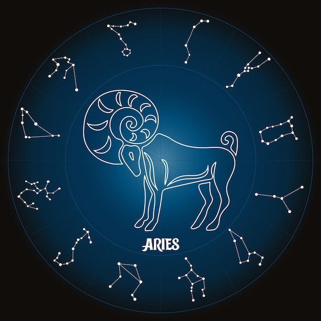Znak Zodiaku Baran W Kręgu Astrologicznym Z Konstelacjami Zodiaku, Horoskop. Niebieski I Biały