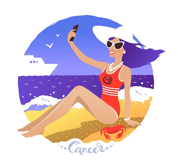 Plik wektorowy znak zodiaku rak. młoda kobieta przy selfie na plaży.
