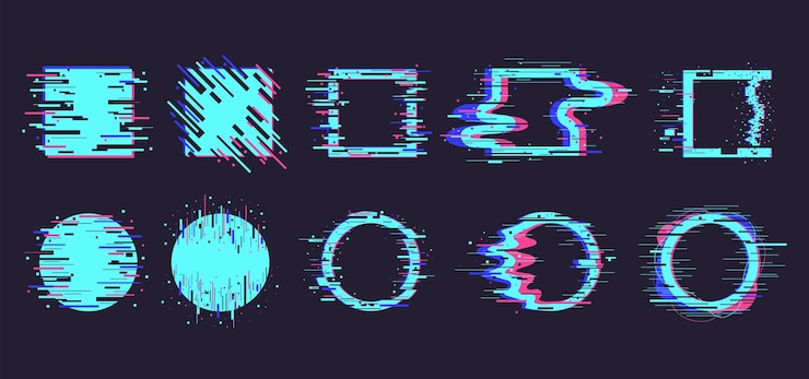 Wektor zniekształcenie dynamiczne elementy kwadratowe i okrągłe technologia szum defekt geometria figury na białym tle zestaw symboli nowoczesne modne kształty neonowe dla ilustracji wektorowych projektu okładki banera