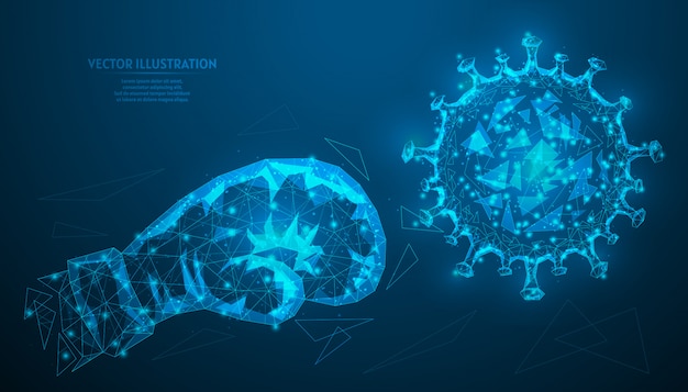 Zniszczenie rękawicy bokserskiej wirusa zakażenia koronawirusem Zbliżenie COVID-19. Koncepcja stworzenia leku, szczepionki. Innowacyjna medycyna.