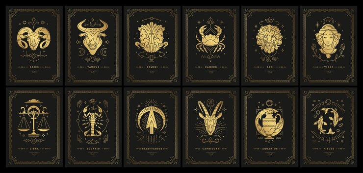 Zodiaku astrologia horoskop karty linoryt sylwetki projekt zestaw ilustracji wektorowych